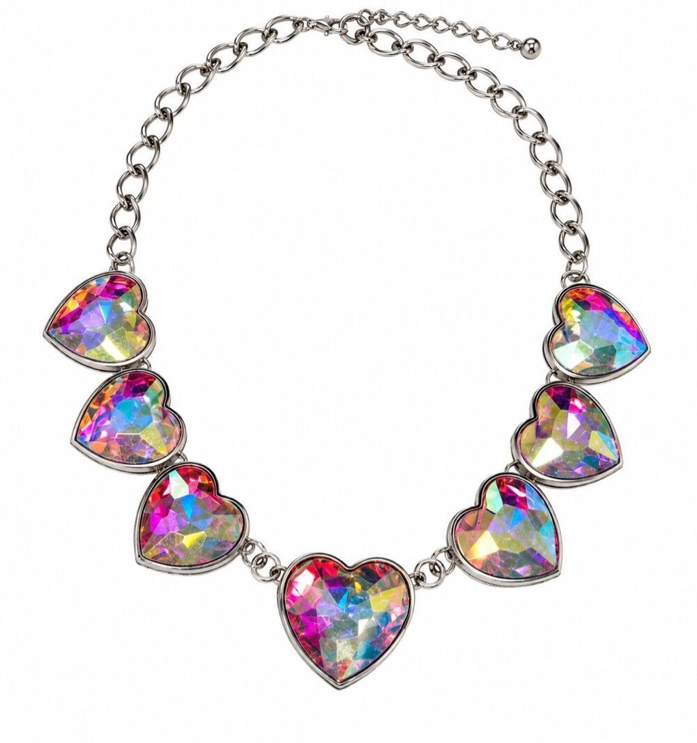 Iridescent Crystal Heart Statement Necklace Silver Tone Rainbow Rhinestone